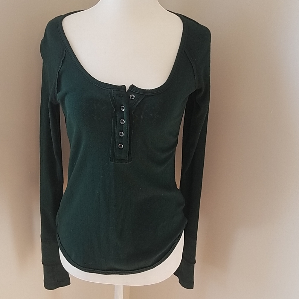 Free People Dark Green Long Sleeve Henley Top
